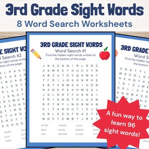 May include: Three colorful worksheets with word search puzzles for third grade students. Each worksheet features a different word search puzzle with a red apple, a pencil, and a sun at the top. The text "3rd Grade Sight Words" is at the top of each worksheet. The text "Word Search #1, #2, #3" is at the top of each worksheet. The text "Find the hidden sight words written at the bottom of the page." is below the title of each worksheet. The text "A fun way to learn 96 sight words!" is in a red starburst shape at the bottom of the image.