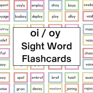 以下が含まれることがあります： 「oi」と「oy」の音を含む視覚単語が書かれたカラフルなフラッシュカード。単語には、「toy」、「boy」、「foil」、「spoil」、「annoy」、「destroy」、「employ」、「voyage」、「moist」、「choice」、「voice」、「coily」、「coy」、「decoy」、「hoist」、「join」、「loyal」、「noise」、「oink」、「rejoice」、「soil」、「turmoil」、「void」、「ahoy」、「broil」、「boil」、「cowboy」、「devoid」、「groin」、「busboy」、「deploy」、「ploy」、「alloy」、「oil」、「oyster」、「join」、「joining」、「voyage」などがあります。