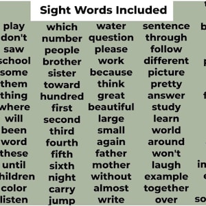 Puede incluir: Un p&oacute;ster verde con una lista de palabras de uso frecuente, incluyendo "el", "y" y "un". Las palabras est&aacute;n dispuestas en columnas y filas, con el t&iacute;tulo "Sight Words Included" en la parte superior.