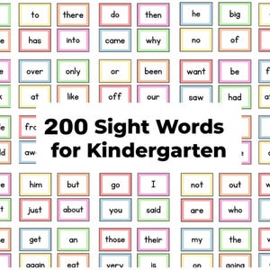 Op de afbeelding: Een kleurrijke educatieve poster met 200 veelvoorkomende woorden voor kleuters. Elk woord staat in een rechthoekige doos met een gekleurde rand. De titel "200 Sight Words for Kindergarten" is prominent aanwezig.