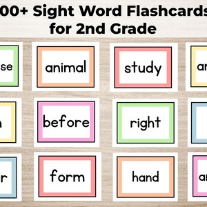 May include: A set of 12 colorful flashcards with sight words for second grade. The words are: because, animal, study, answer, turn, before, right, line, letter, form, hand, and another.