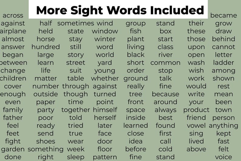K&ouml;nnte beinhalten: Eine gr&uuml;n-wei&szlig;e Tabelle mit den Worten "More Sight Words Included" in schwarzer Schrift. Die Tabelle listet g&auml;ngige Sehw&ouml;rter in zwei Spalten auf.
