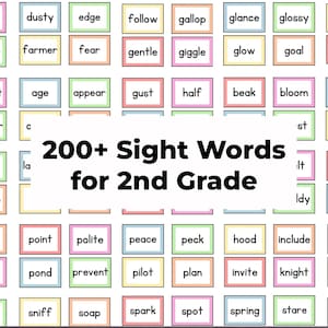 Plus de 200 cartes éclair de mots à vue pour la 2e année | Vocabulaire de deuxième année | Lecture en 2e année | Apprendre les mots à vue en second | Compétences en lecture pour les élèves de 2e année