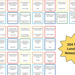 May include: A yellow starburst shape with the text "204 Total Lunchbox Notes/Jokes" in black text. The background is yellow. The starburst is surrounded by 24 colorful squares with text and jokes inside. Each square has a different color border and background.