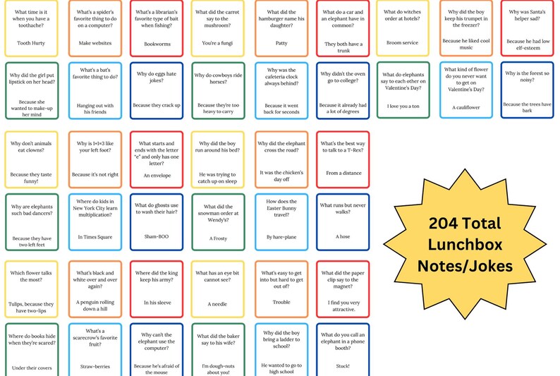 May include: A yellow starburst shape with the text "204 Total Lunchbox Notes/Jokes" in black text. The background is yellow. The starburst is surrounded by 24 colorful squares with text and jokes inside. Each square has a different color border and background.
