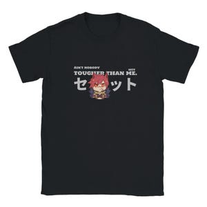 May include: Black t-shirt with a cartoon character and the text "Ain't nobody tougher than me. Sett. セット"