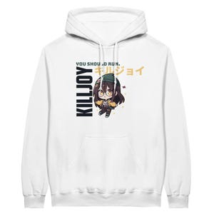 Könnte beinhalten: Weißer Hoodie mit einer schwarzen und gelben Grafik eines Comic-Charakters mit dem Text "KILLJOY" und "YOU SHOULD RUN. キルジョイ"