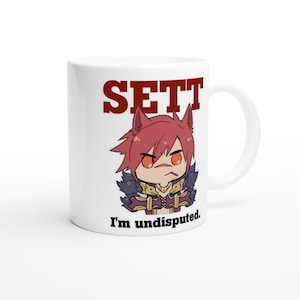 May include: White ceramic mug featuring a cartoon illustration of a character with red hair and the word "SETT" in red block letters. Below the character, the text reads "I'm undisputed."