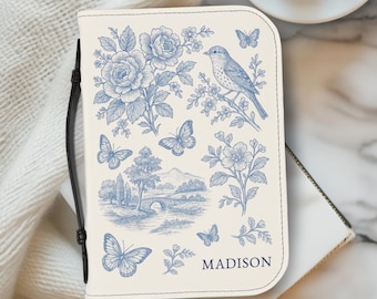French Toile Bible Cover Personalized Blue Toile de Jouy Christian Bible Case for Women Elegant Zipper Bible Carrier Girls New Believer Gift