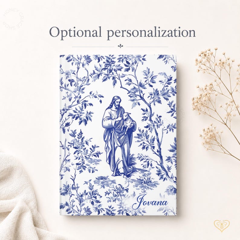 Personlig bönejournal med Jesus och det förlorade lammet, kokett kristen fransk toile-anteckningsbok, present till ny troende, trospresent till mamma och dotter Blue Toile