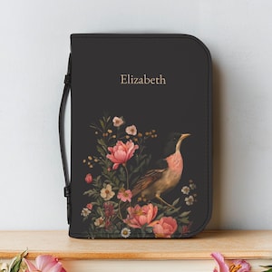 Personalized Bird Floral Bible Cover with Handle Christian Elegant Zippered Bible Case Custom Name Gift for Women Girls Bible Bag for Mom