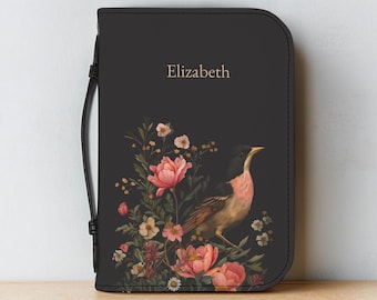 Funda personalizada para Biblia con estampado floral de pájaros y asa. Elegante estuche cristiano con cremallera. Regalo personalizado con nombre para mujeres y niñas. Bolsa para Biblia para mamá.
