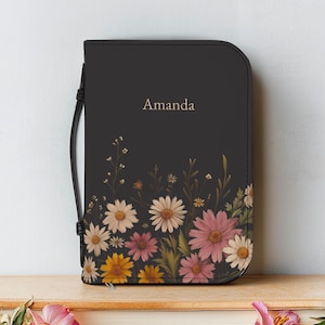 Personalized Floral Bible Cover with Handle, Daisy Zippered Bible Case Custom Name Christian Gift for Women Girls Flower Bible Bag for Mom