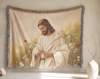 Jesus and Wildflowers Woven Blanket, Christian Wall Tapestry, Jesus Gifts Floral Throw Blanket, Christian Home Decor Faith 100% Cotton Throw