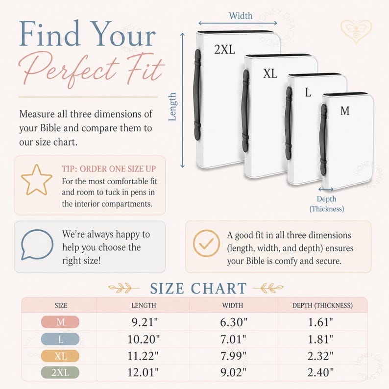 May include: Image shows a size chart for Bible covers, with measurements in inches. Four white Bible covers labeled M, L, XL, and 2XL are displayed. The chart details length, width, and depth for each size, with a tip to order one size up.