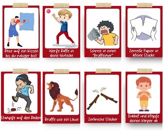 May include: A set of eight illustrated cards with red borders and white backgrounds. Each card depicts a different activity, such as boxing a pillow, throwing balls, yelling, tearing paper, stomping, roaring like a lion, breaking sticks, and rubbing the body.