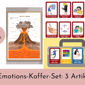 May include: Educational set with a framed volcano diagram and illustrated cards. The diagram shows an eruption with labels. Cards depict emotional responses and coping strategies. A suitcase graphic holds additional cards.