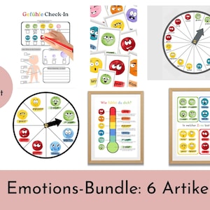 Pode incluir: Um conjunto de materiais educativos sobre emoções. A imagem inclui um gráfico de check-in, cartões de emoções e rodas de emoções. Existem também cartazes emoldurados com conteúdo relacionado a emoções. O texto "Emotions-Bundle: 6 Artikel" está na parte inferior.