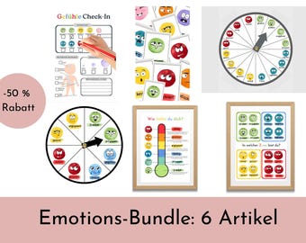 May include: A bundle of educational materials about emotions. The image includes a check-in chart, emotion cards, and emotion wheels. There are also framed posters with emotion-related content. The text "Emotions-Bundle: 6 Artikel" is at the bottom.