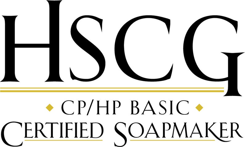 May include: Black and gold logo for the HSCG Certified Soapmaker, with the text "CP/HP BASIC" underneath.