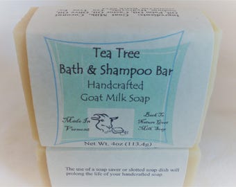 Tea Tree Goat Milk Bath & Shampoo Bar, made with essential oils. Artisan soap, cold process soap handmade full of lather