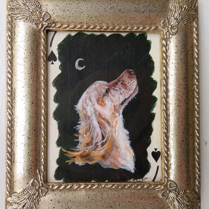 Retrato de perro en miniatura / Pintado a mano sobre naipe / Pintura acrílica original / Setter inglés
