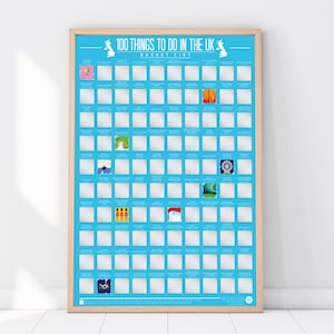 May include: A blue and white poster with the title "100 Things To Do In The UK Bucket List". The poster is divided into a grid of 10 x 10 squares, each containing a small icon representing a different activity or landmark in the UK.