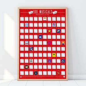 Może przedstawiać: Oprawiony plakat zdrapka 100 Musicals Bucket List z czerwono-białym tłem w paski. Siatka zawiera białe kwadraty, z których niektóre są zdrapane, odsłaniając kolorowe ikony przedstawiające różne produkcje musicalowe.
