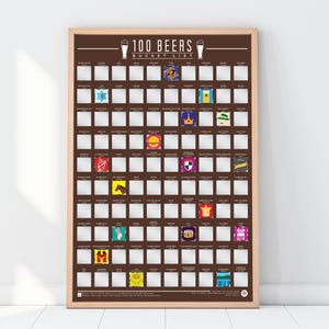 May include: A brown poster with a white frame and the text "100 Beers Bucket List" at the top. The poster is divided into a grid of 10 x 10 squares, each containing a different beer logo or icon.