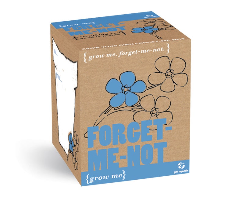 May include: A brown cardboard box with a blue forget-me-not flower design. The box has the text "Grow me. Forget-me-not. Everything you need is inside." and "Grow your own forget-me-not. {grow me. forget-me-not.} Forget-me-not. {grow me} gift republic".