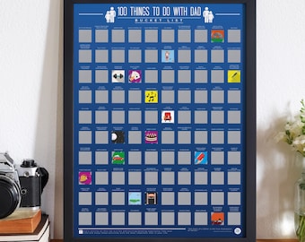 May include: A black framed poster with a blue background and the text "100 Things To Do With Dad Bucket List". The poster is filled with 100 gray squares, each with a small icon in the center. The icons represent activities to do with a father, such as playing music, going fishing, and eating cake.