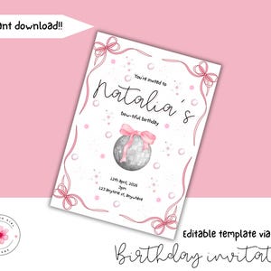 Bow-Tiful Disco Ball Birthday Invitation | Editable Girl Party Invite | Pink Ribbon Theme | Digital Download