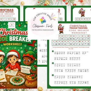 May include: A collection of Christmas-themed worksheets. The main worksheet features a colorful illustration of children solving a code. The worksheets include code-breaking activities and tongue twisters, perfect for holiday fun.