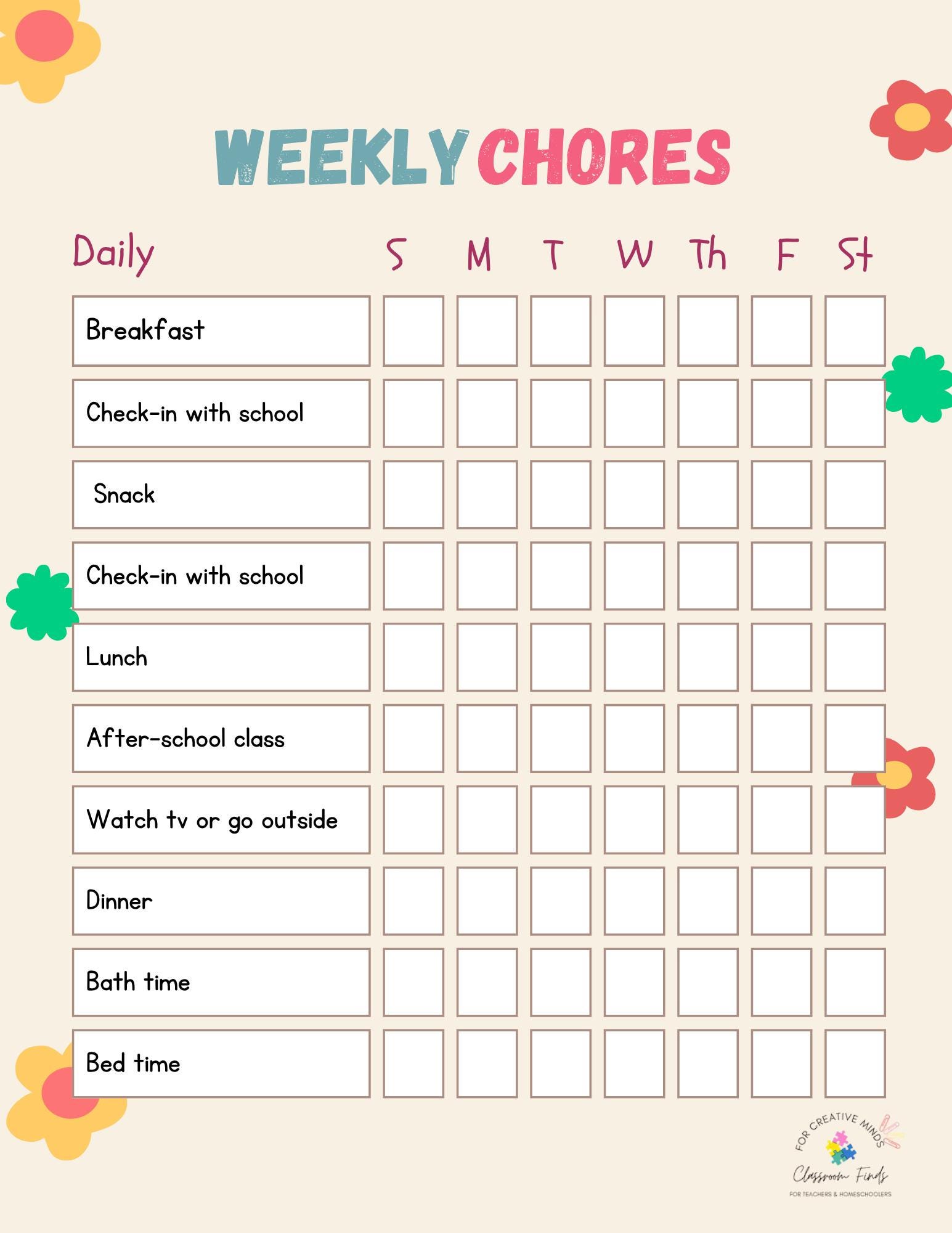 Fun Checkboxes Kids Chore Chart – Fun Printable Task Tracker With Checkboxes ...