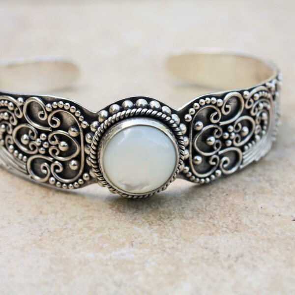 Ornate 925 Sterling Silver Cuff Bracelet with White Opal and Delicate Scroll Work.