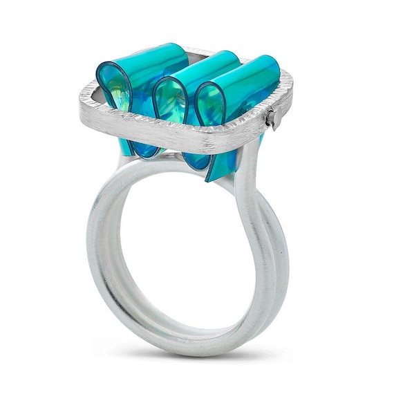 Teal PVC and Sterling Silver Ring