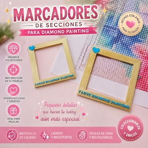 May include: Two gold-coloured diamond painting section markers with blue heart accents and the text "I LOVE DIAMOND PAINTING". The image also includes text in Spanish: "MARCADORES DE SECCIONES PARA DIAMOND PAINTING".