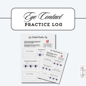 Pode incluir: Um registo de prática de contacto visual imprimível com um símbolo de alvo e uma secção para notas e desafios. O registo inclui secções para contacto visual em conversas e contacto visual em geral.