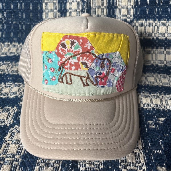 Vintage Quilted mit bestickter Büffel Trucker Mütze