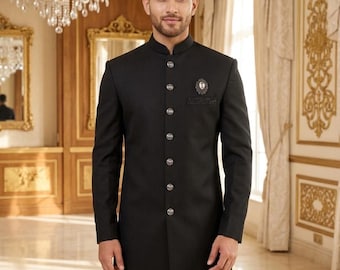 Mens Sherwani long coat Jacket Groom Dulha Party Wedding Black Indian Suiting fabric Black