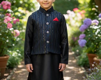 Kids' Embroidered Waistcoat Kurta Shalwar Kameez Set