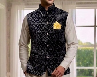 Embroidered Velvet Waistcoat: Mens gents Formal Occasion Vest Nehru jacket wedding party Black