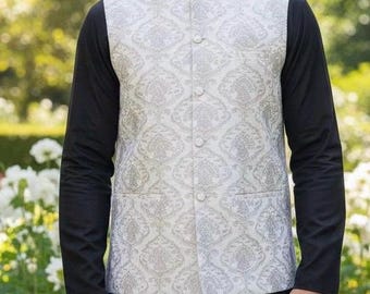 Mens waistcoat Nehru jacket Indian Pakistani Banarsi fabric silver tilla light grey wedding Party