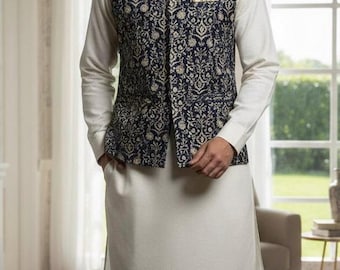 Embroidered Velvet Waistcoat: Mens gents Formal Occasion Vest Nehru jacket wedding party
