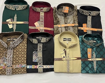Mens gents wedding party kameez Kurta Banarsi silk  shirt hand Embroidery Indian Pakistani