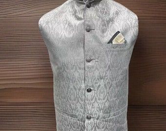 Mens wedding party Waistcoat Nehru Jacket Banarasi fabric Grey Neck Patch Embroidery