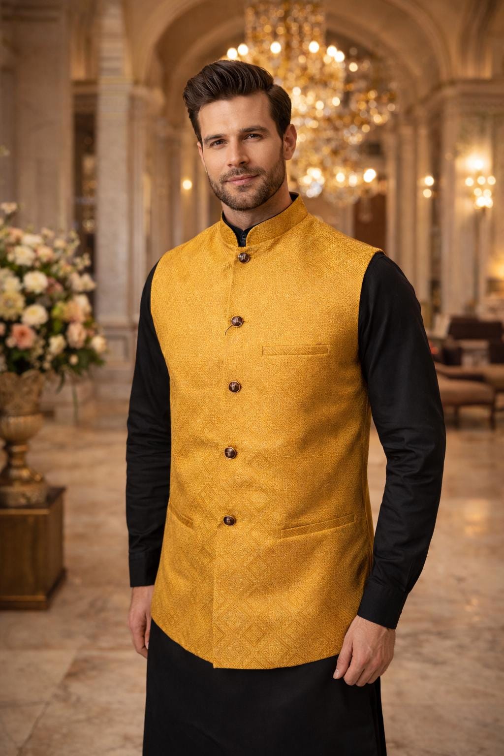 Embroidered Gold Banarsi Nehru Jacket: Indian Wedding Waistcoat
