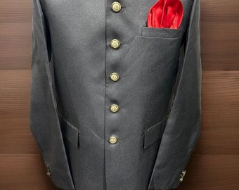Mens Prince Coat Jacket Groom Dulha Party Wedding Black Indian Suiting fabric Banarsi Embroidery