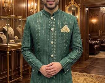 Mens Prince Coat Jacket Groom Dulha Party Wedding sequence Indian Asian