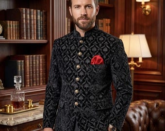 Mens Prince Coat Jacket Groom Dulha Party Wedding Black Velvet sequence Indian